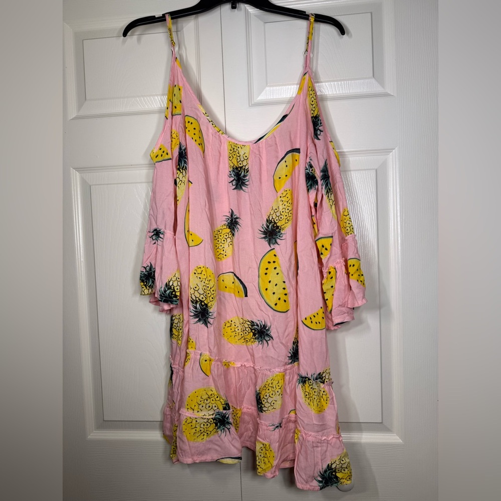 Solitaire Women’s Swim Cover Up Dress Pink Yellow Pinapple Watermelon Print